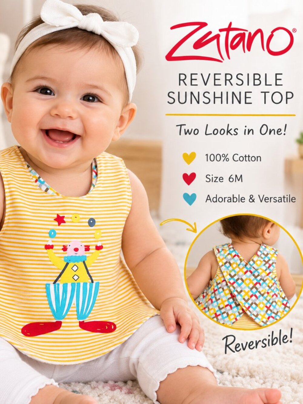 NWT: Zutano Reversible Sunshine Top/Geometric Print Cotton Baby 6-month Top
